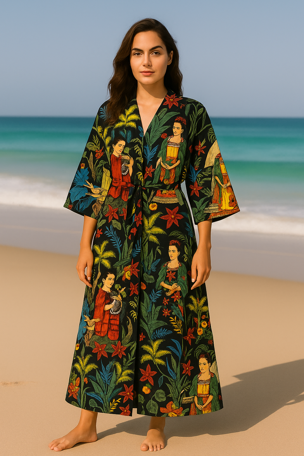 Kimono Bathrobe Cotton Printed Frida Black Kahlo - Boho Beachwear, Bridesmaid Robe, Spa & Holiday Loungewear