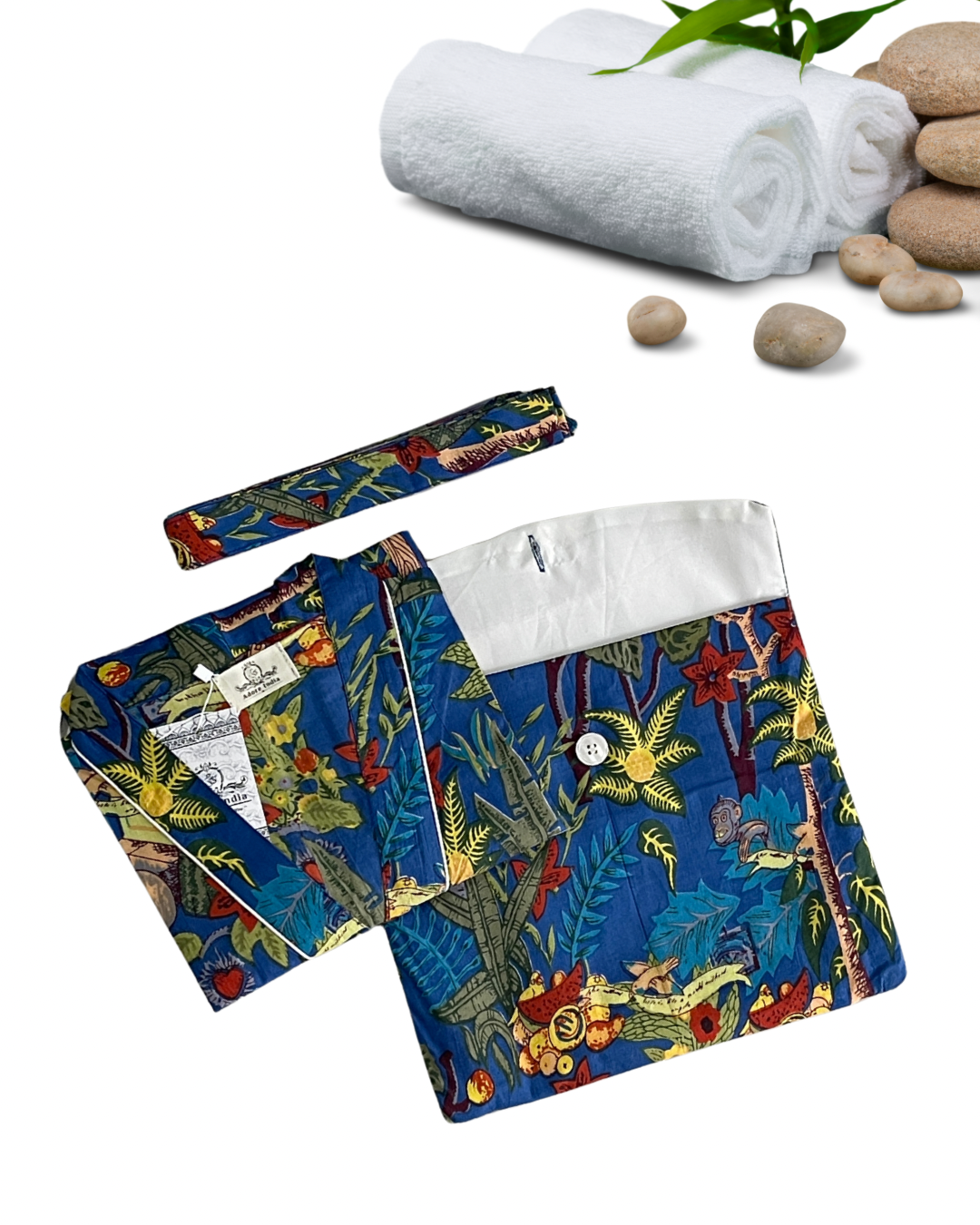 Cotton Printed Frida Blue Kahlo Kimono Kaftan Bathrobe - Boho Beachwear, Bridesmaid Robe, Spa & Holiday Loungewear