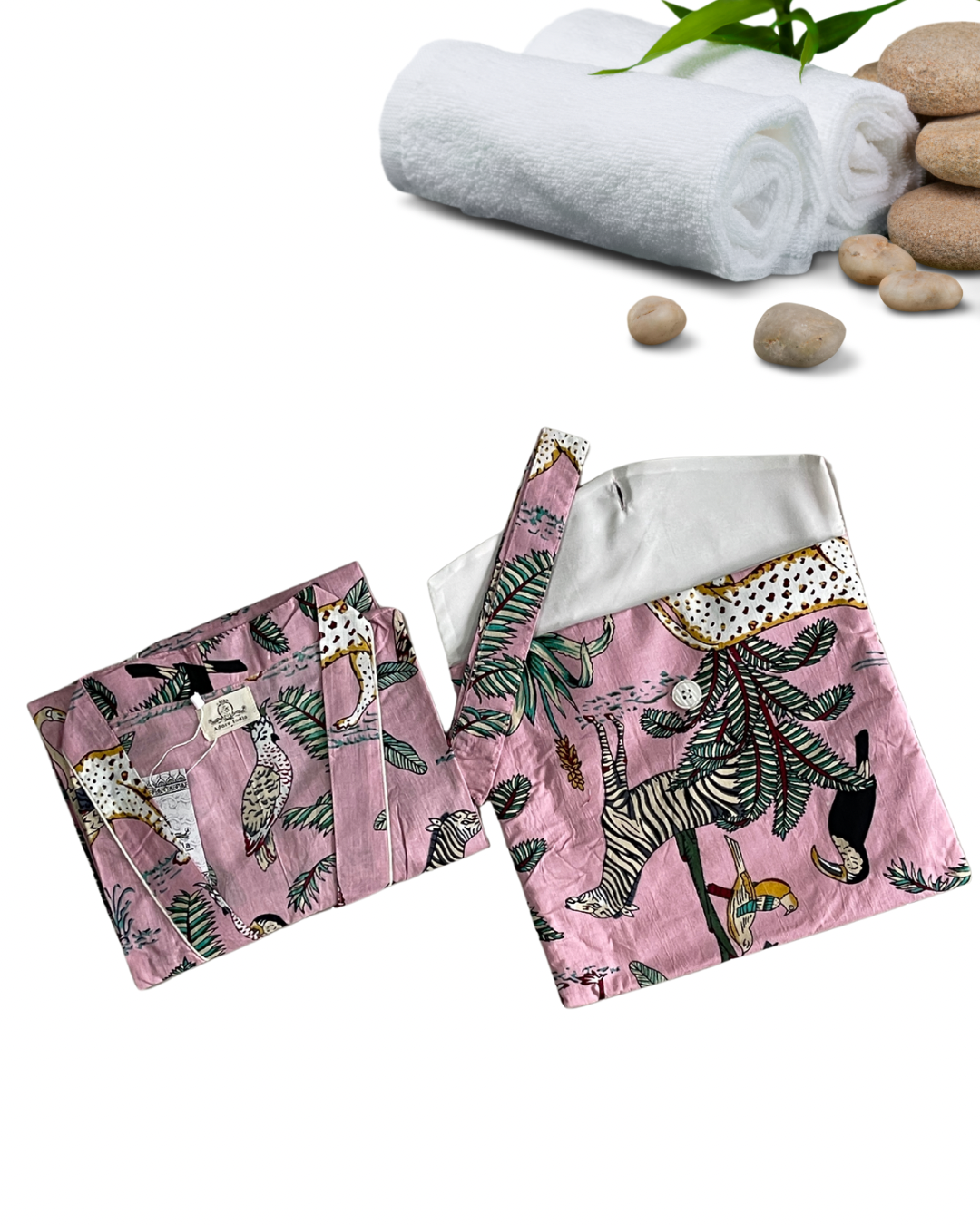 Cotton Safari Animal Printed Pink Kimono Kaftan Bathrobe