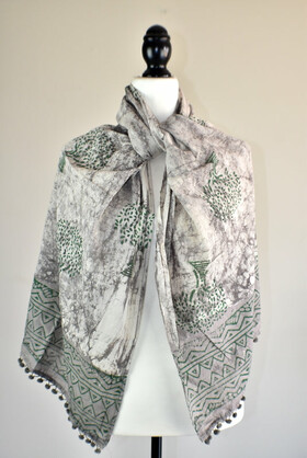 Hand Block Rustic Tree of Life Pomom Scarf