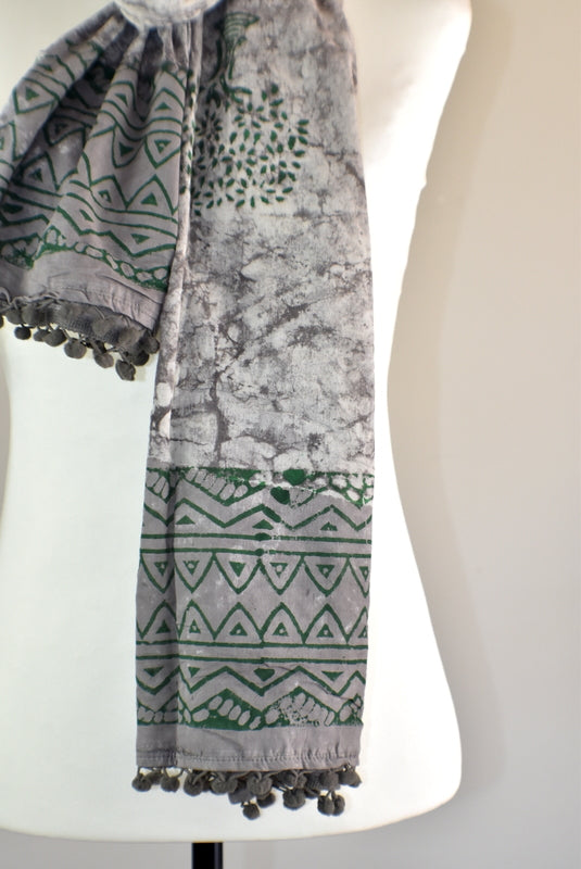 Hand Block Rustic Tree of Life Pomom Scarf