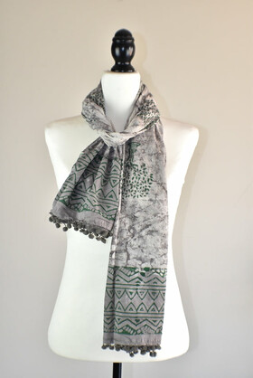 Hand Block Rustic Tree of Life Pomom Scarf