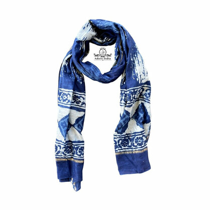Indian Handmade Indigo Chanderi Vintage Silk Midnight Moon Boho Scarf Stole
