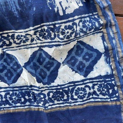 Indian Handmade Indigo Chanderi Vintage Silk Midnight Moon Boho Scarf Stole