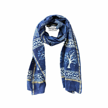 Indian Handmade Indigo Chanderi Vintage Silk Tree of Life Boho Scarf Stole