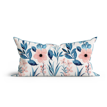 Bohemian Blue Floral Watercolor Cotton Cushion with Piping