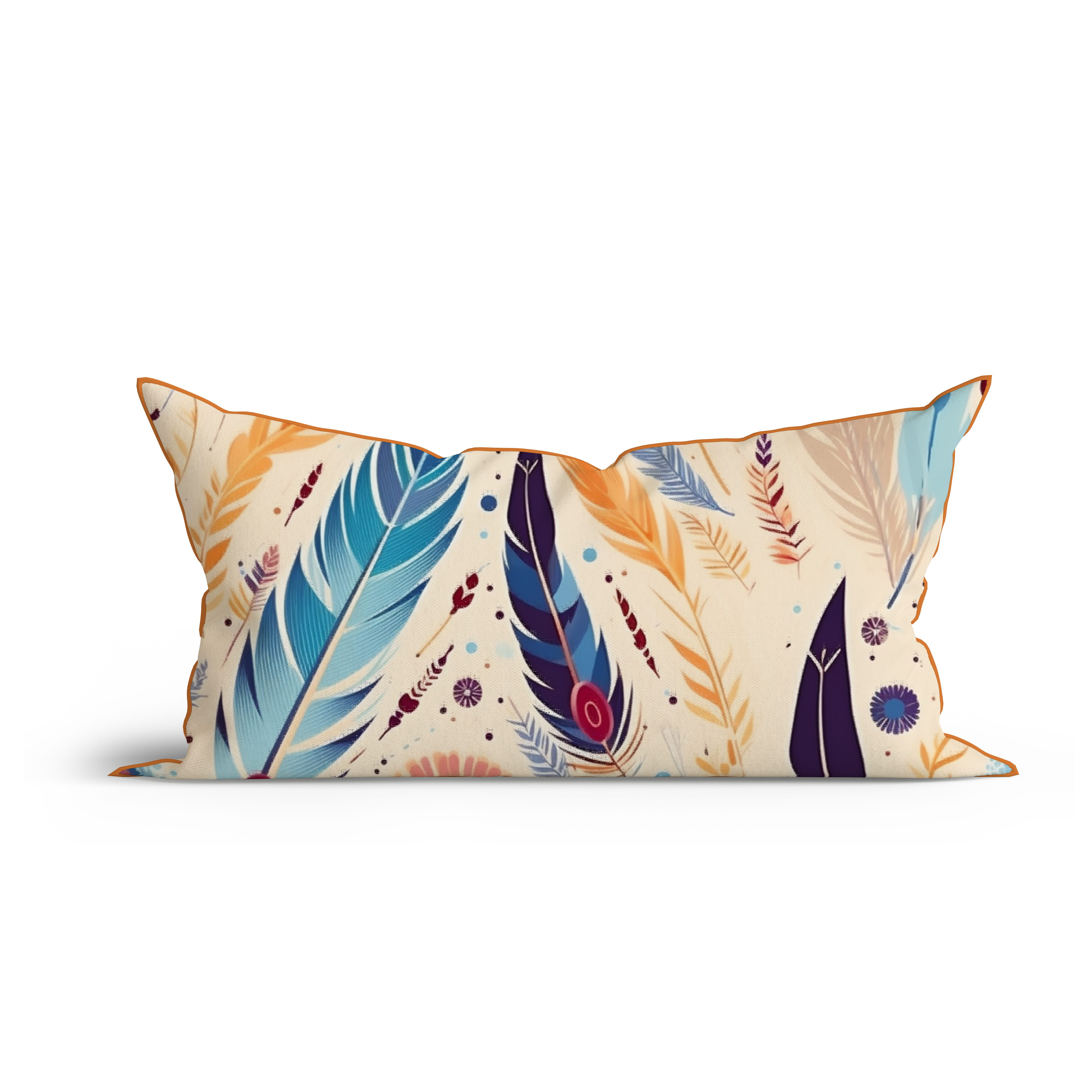 Bohemian Azure Feather Printed Cotton Cushion with Piping