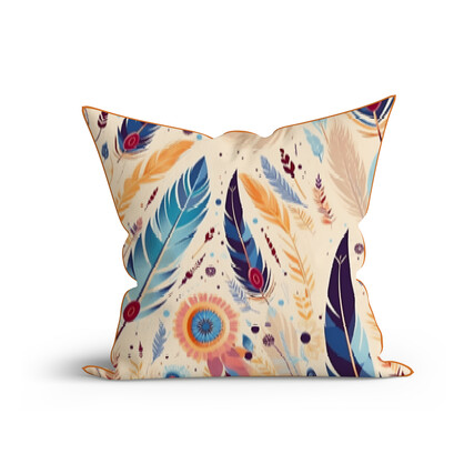 Bohemian Azure Feather Printed Cotton Cushion with Piping