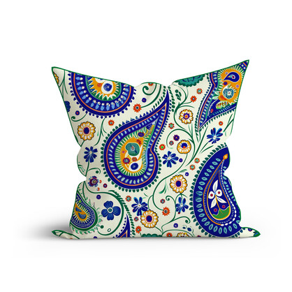 Bohemian Teal Paisley Allure Printed Cotton Cushion with Piping
