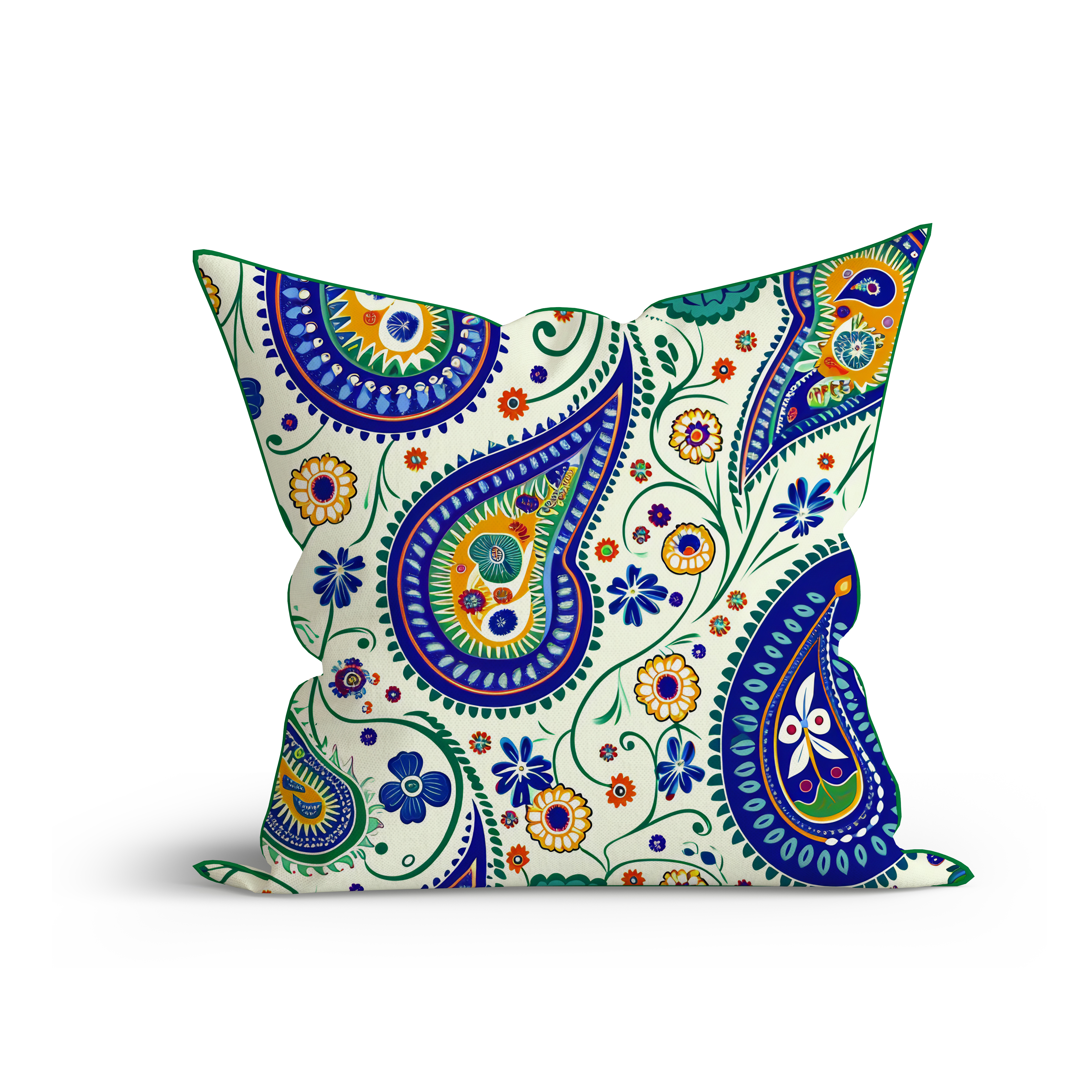 Bohemian Teal Paisley Allure Printed Cotton Cushion with Piping