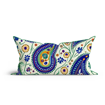 Bohemian Teal Paisley Allure Printed Cotton Cushion with Piping