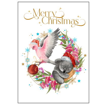 Koala and Galah in wreath with Bauble Christmas Card CC16