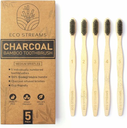 Biodegradable Adult Bamboo Toothbrushes (Set of 5) - Medium Charcoal Infused BPA Free Bristles