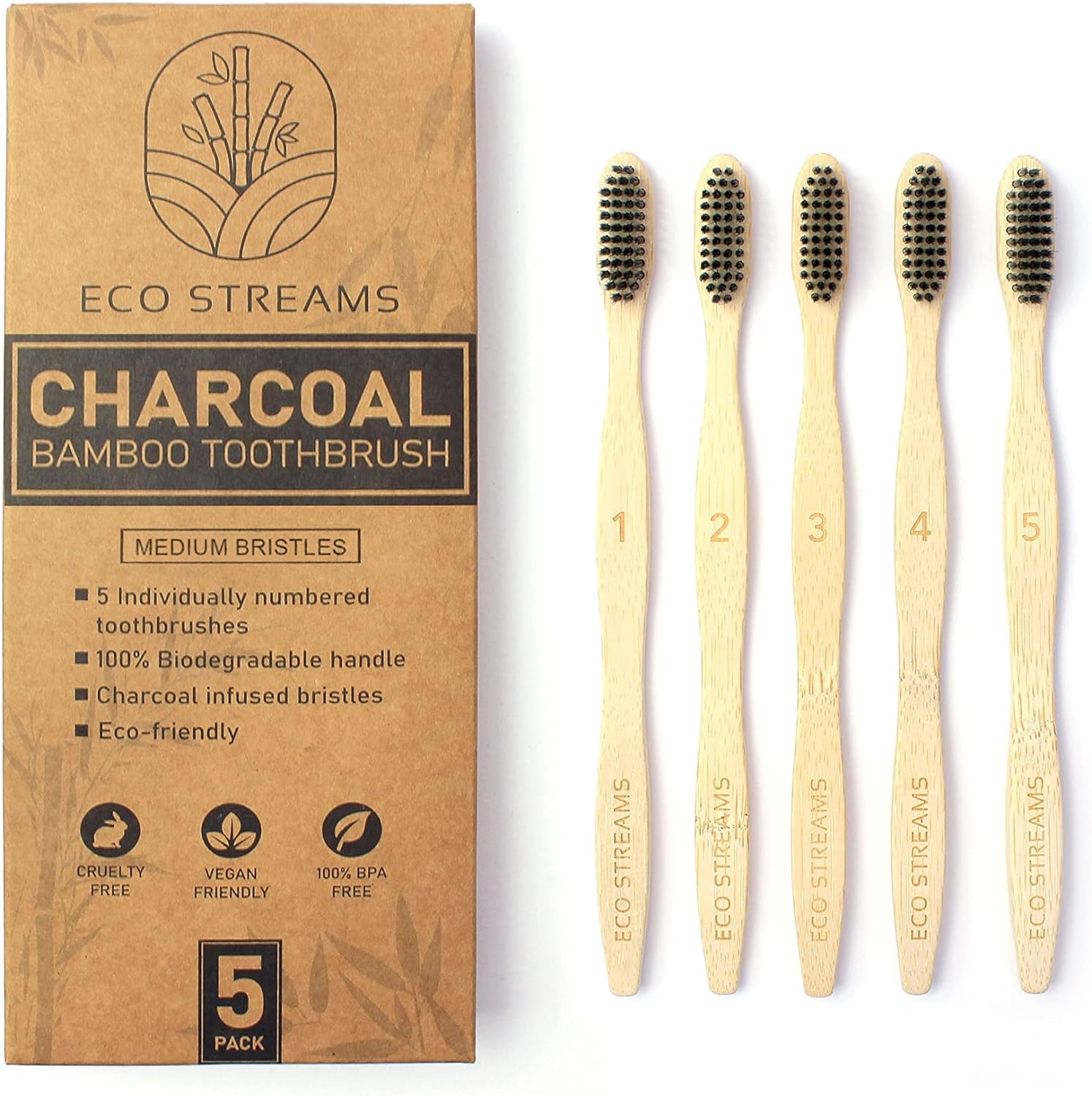 Biodegradable Adult Bamboo Toothbrushes (Set of 5) - Medium Charcoal Infused BPA Free Bristles