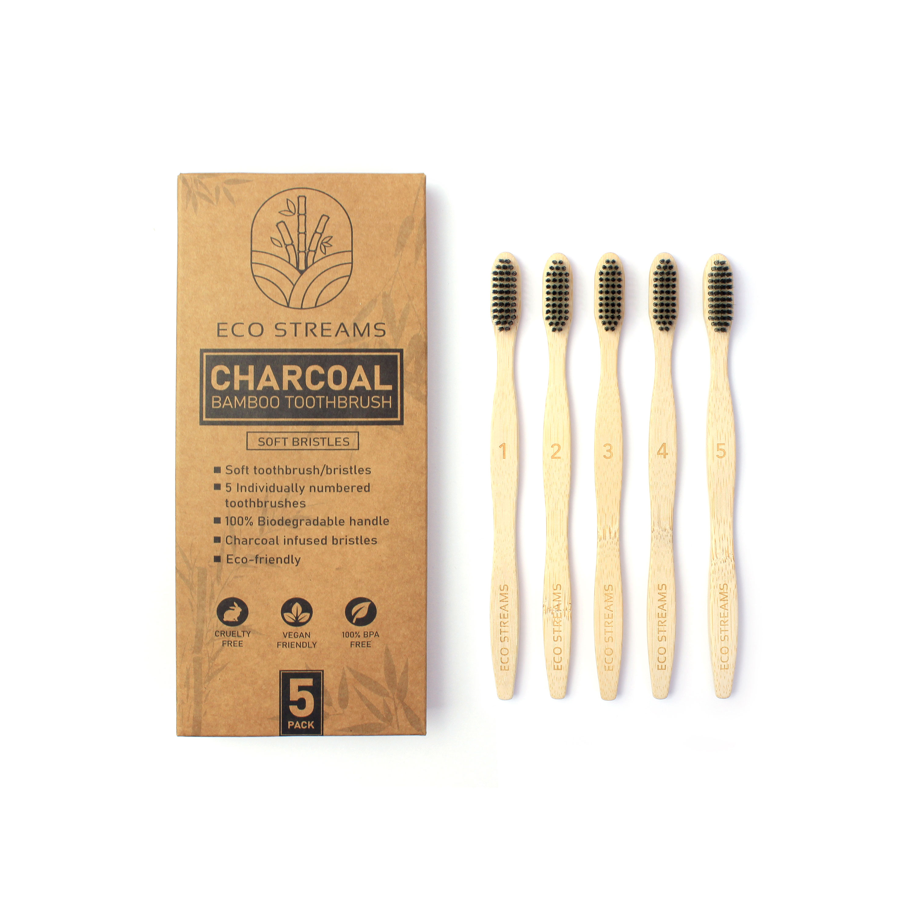 Biodegradable Adult Bamboo Toothbrushes (Set of 5) - Medium Charcoal Infused BPA Free Bristles
