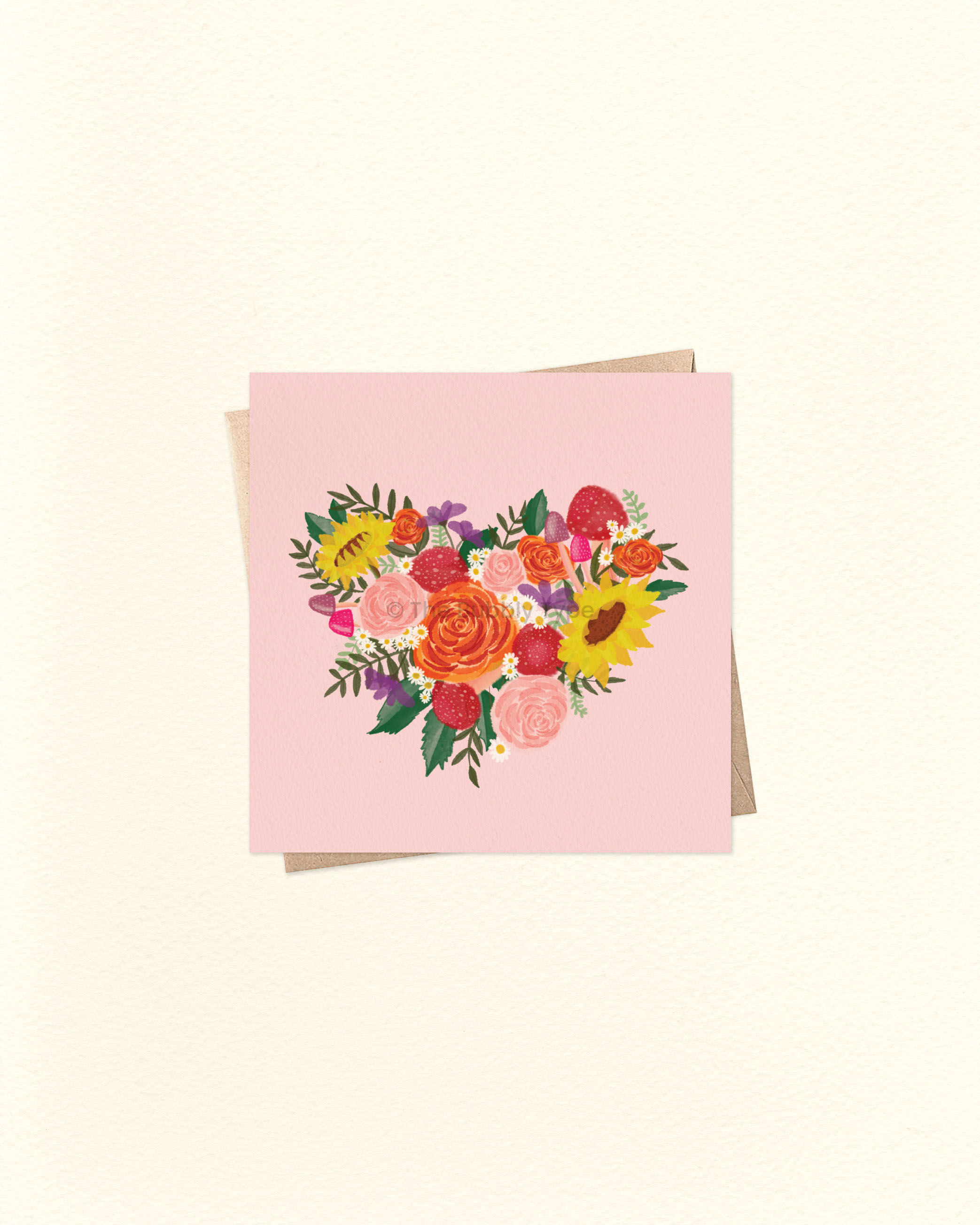 Flower and Mushroom Heart Bouquet - Small Square Greeting Card
