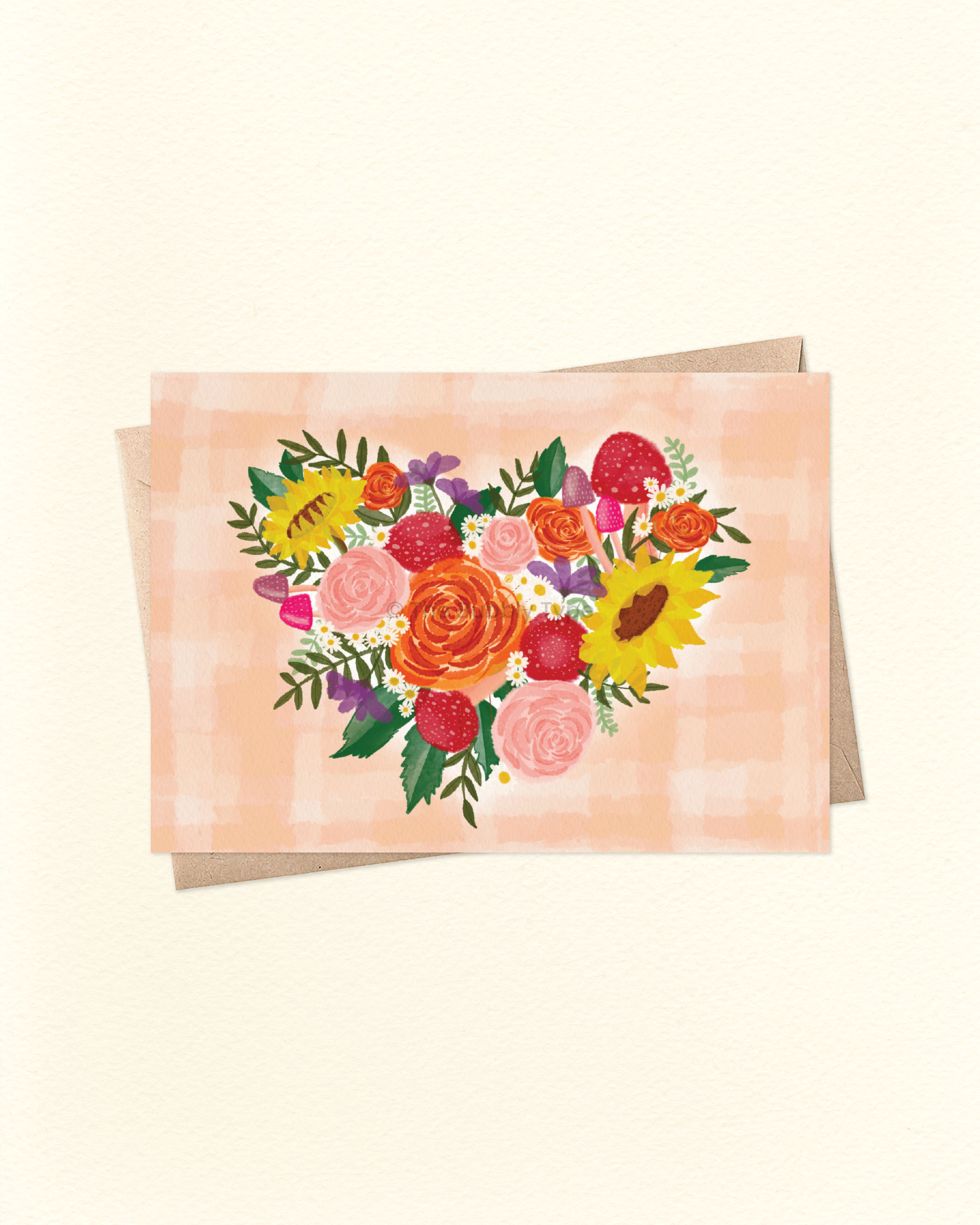 Flower and Mushroom Heart Bouquet - A6 Greeting Card