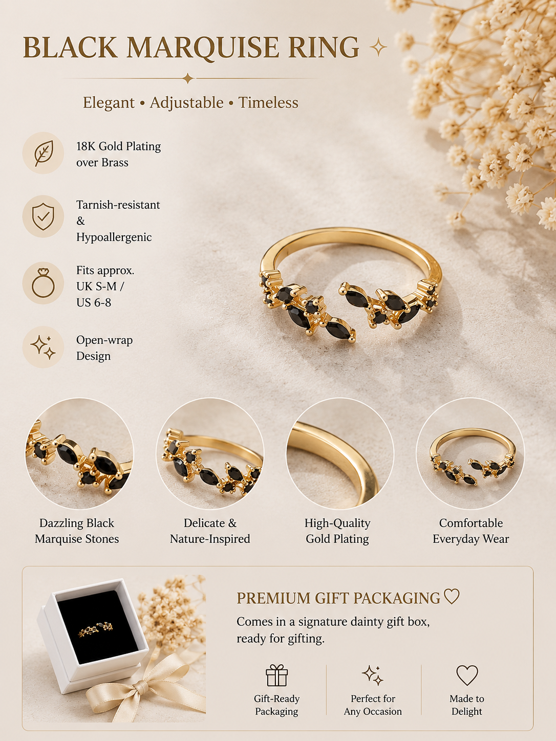 Adeline leaf ring (black)