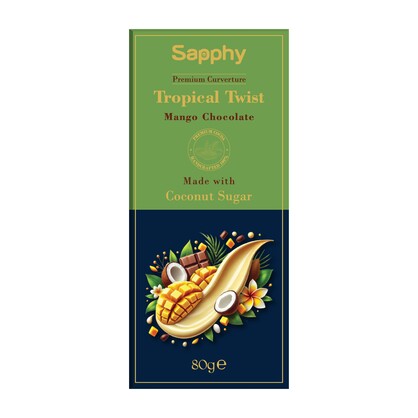 Sapphy Premium Tropical Twist Mango Chocolate – 80g | Made with Coconut Sugar & Caramelized Coconut