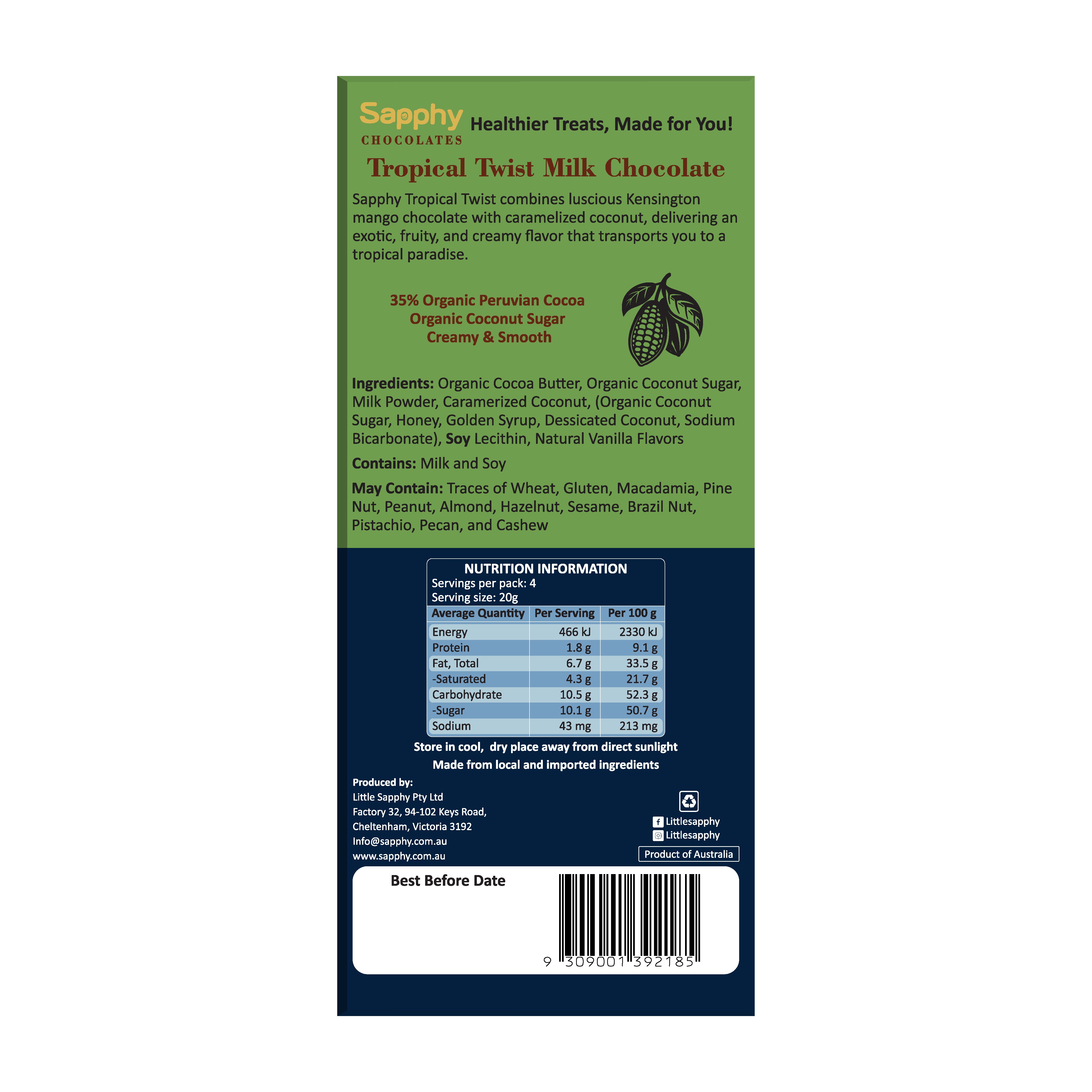 Sapphy Premium Tropical Twist Mango Chocolate – 80g | Made with Coconut Sugar & Caramelized Coconut