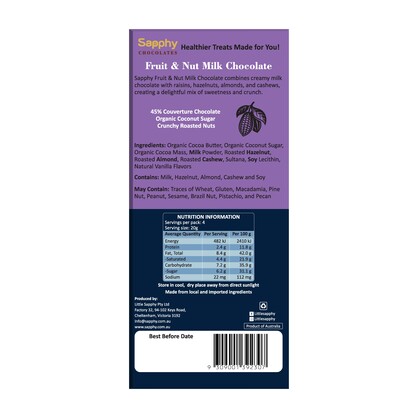 Sapphy Premium Fruit & Nut Milk Chocolate – 80g | Made with Coconut Sugar & Roasted Nuts