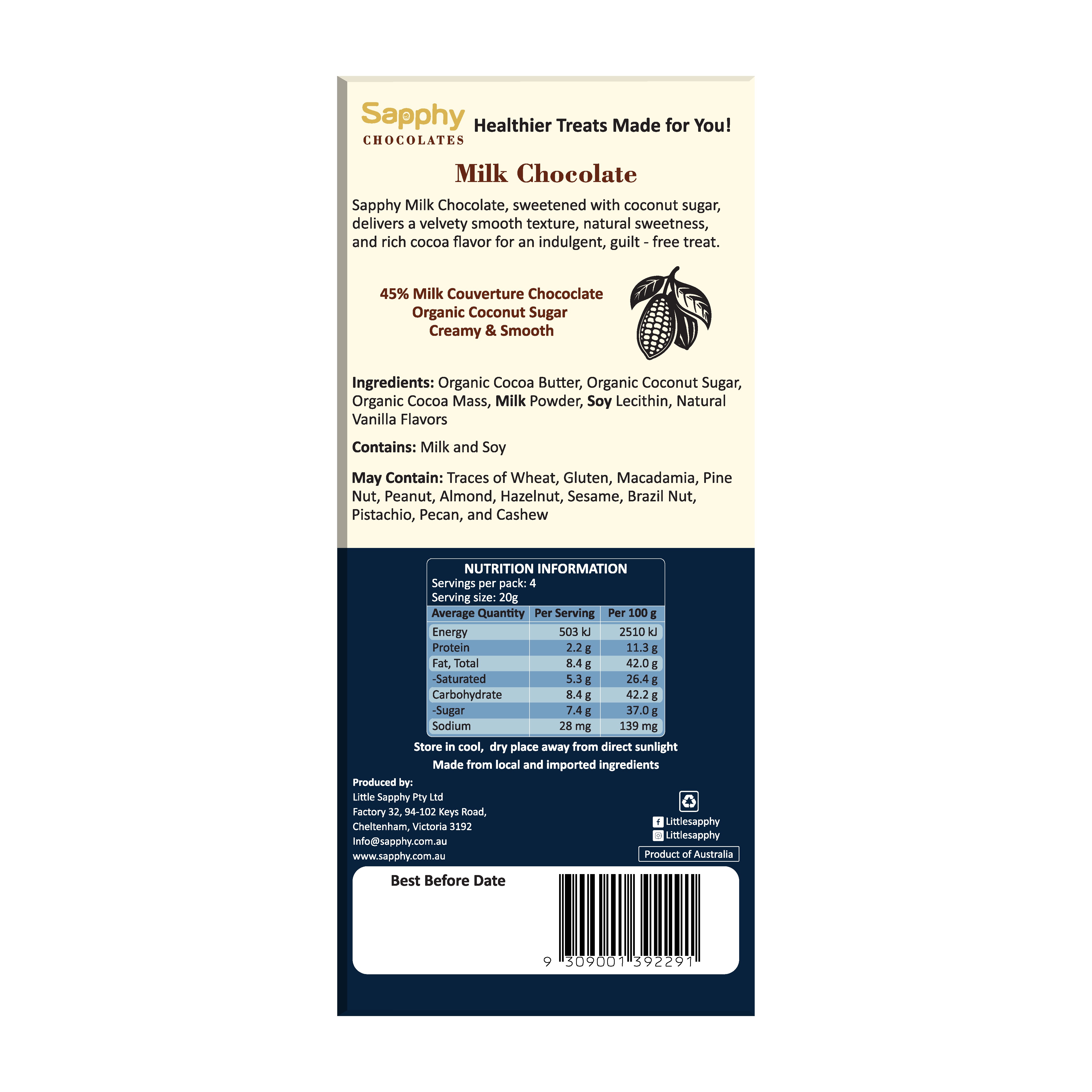 Sapphy Premium Milk Chocolate – 80g | Made with Coconut Sugar