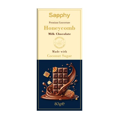 Sapphy Premium Honeycomb Milk Chocolate – 80g | Made with Coconut Sugar & Crunchy Honeycomb