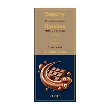 Sapphy Premium Hazelnut Milk Chocolate – 80g | Made with Coconut Sugar & Roasted Hazelnuts