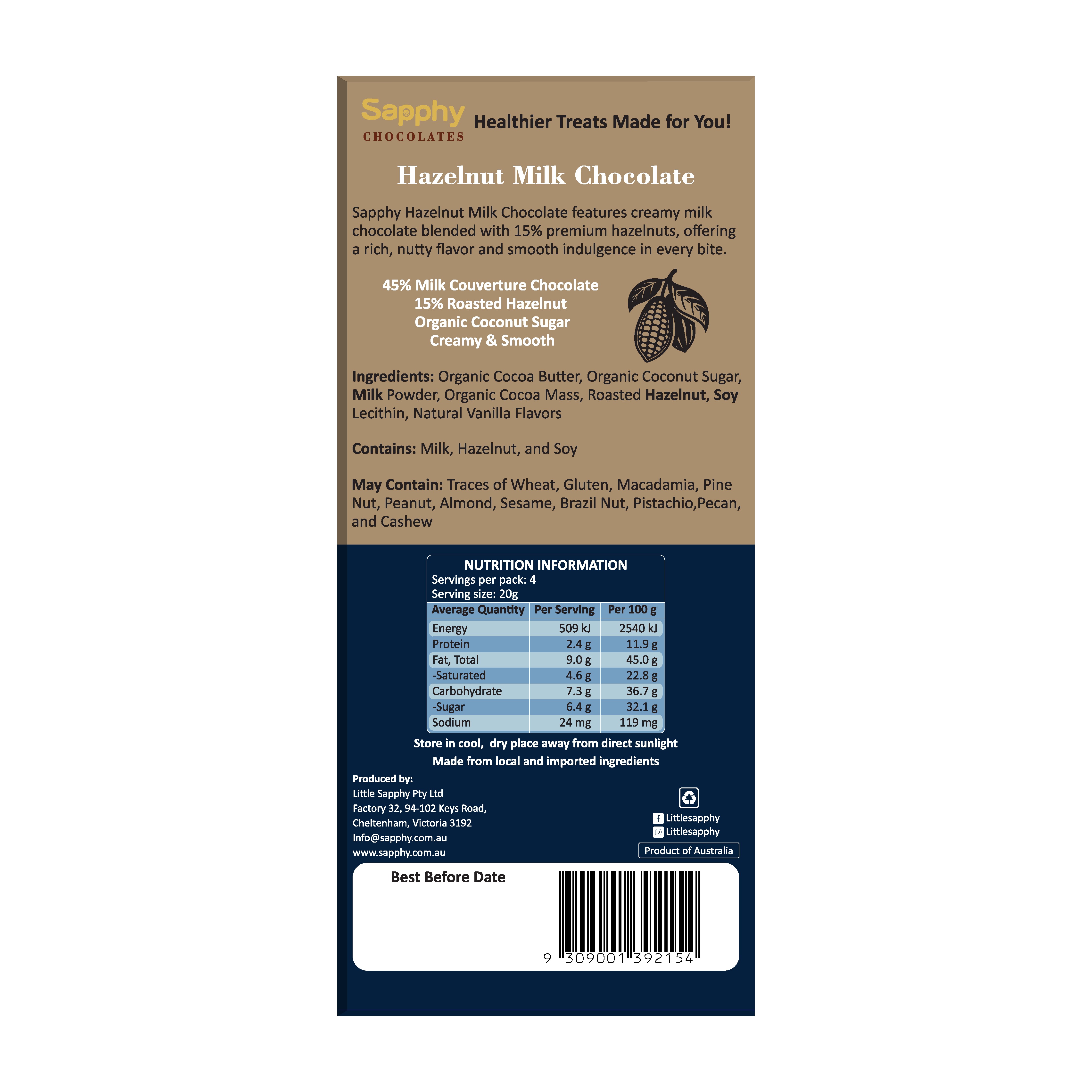 Sapphy Premium Hazelnut Milk Chocolate – 80g | Made with Coconut Sugar & Roasted Hazelnuts