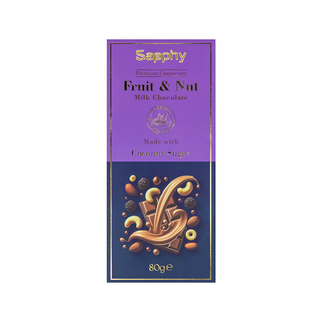 Sapphy Premium Fruit & Nut Milk Chocolate – 80g | Made with Coconut Sugar & Roasted Nuts