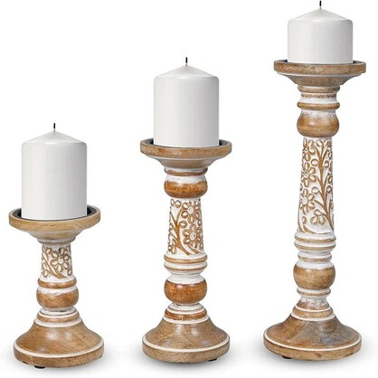 Wooden Candle Holders Pillar Candle Holder Set of 3 - Vintage Style White Candle