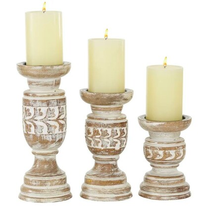 Wooden Candle Holders Pillar Candle Holder Set of 3 - Vintage Style White Candle  LARGE