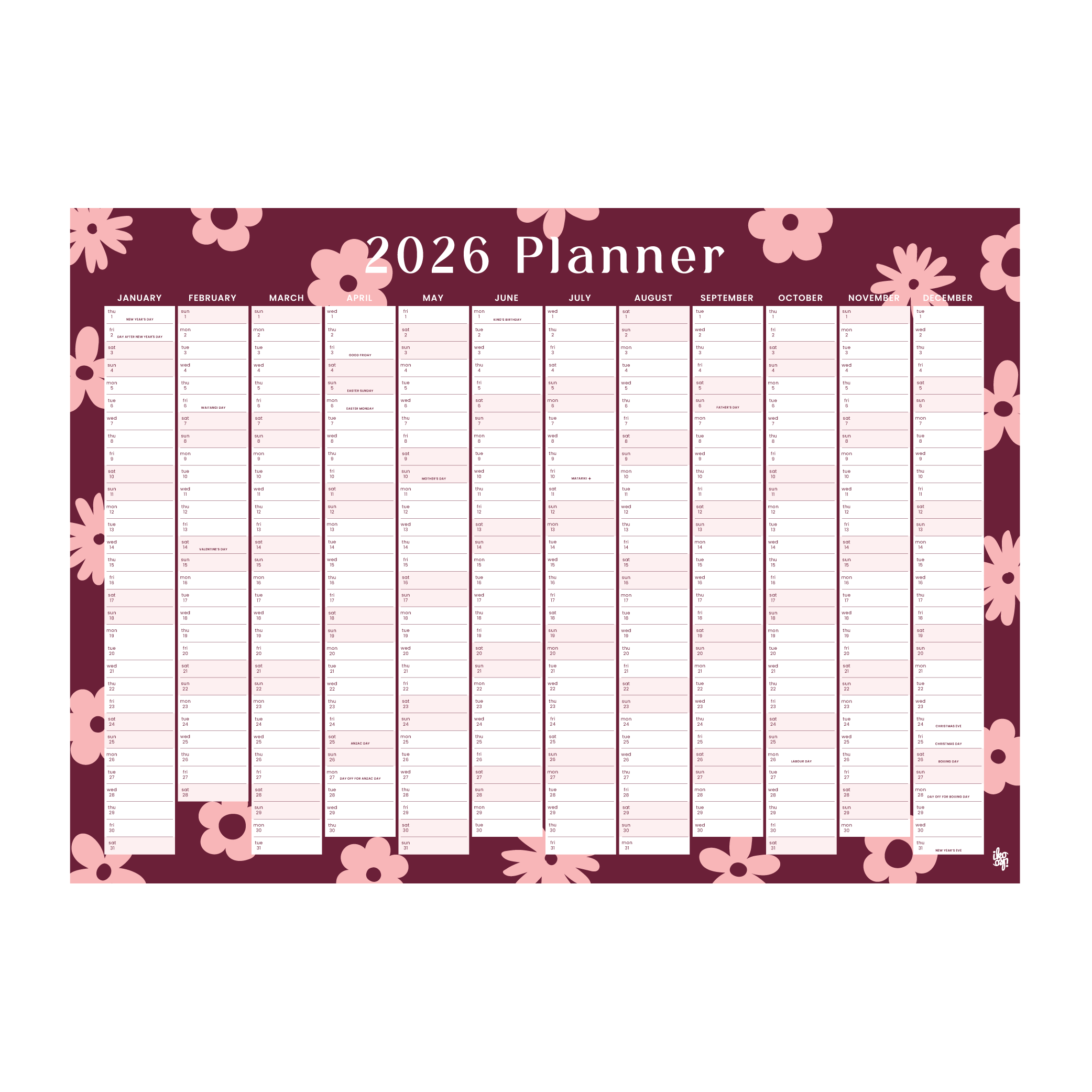Iko Iko 2026 Wall Planner Flower Power Maroon