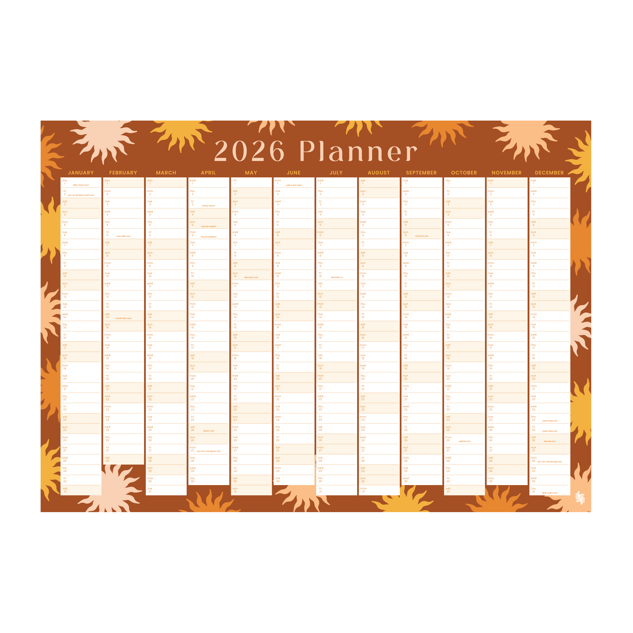 Iko Iko 2026 Wall Planner 70's Suns