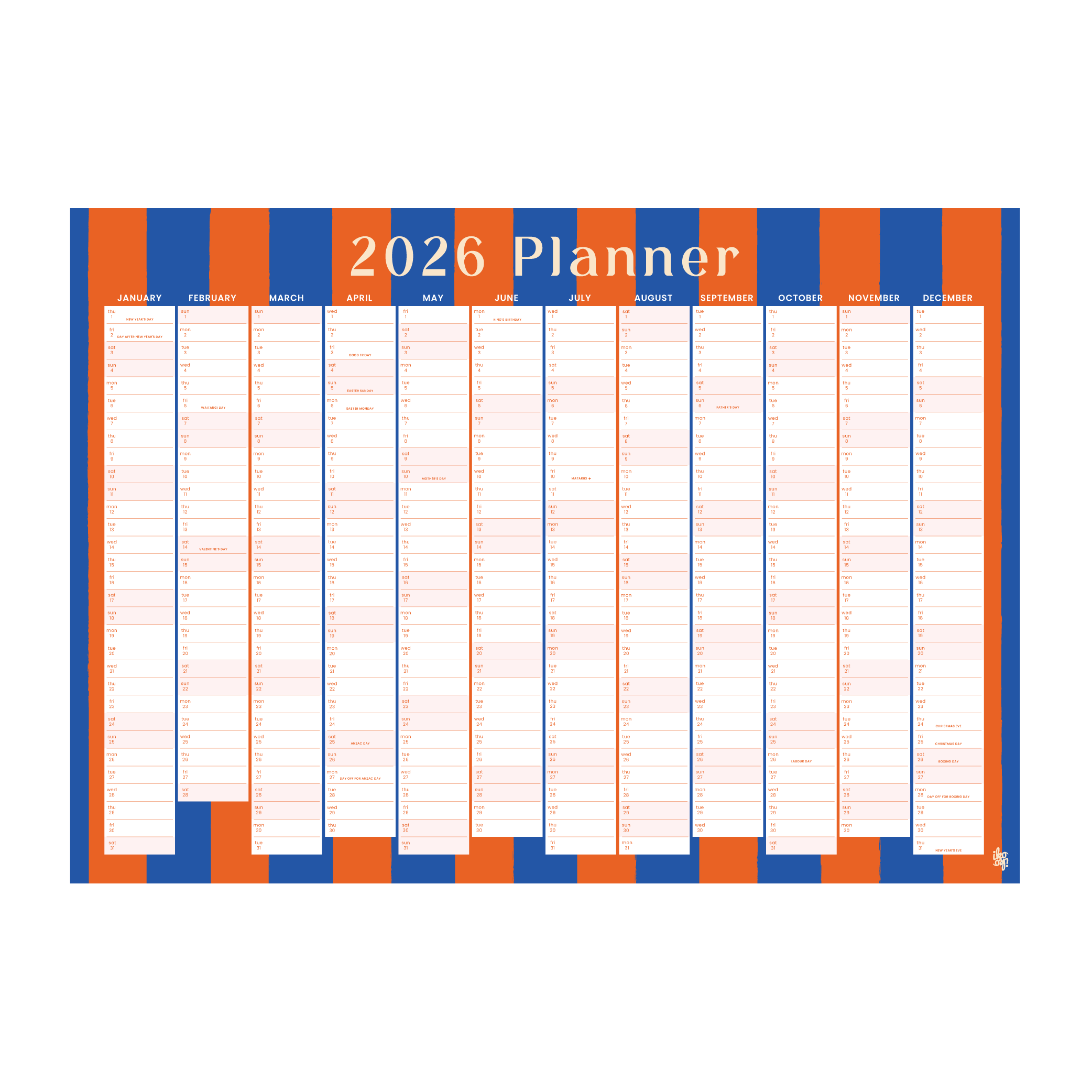 Iko Iko 2026 Wall Planner Bold Stripe Blue and Orange