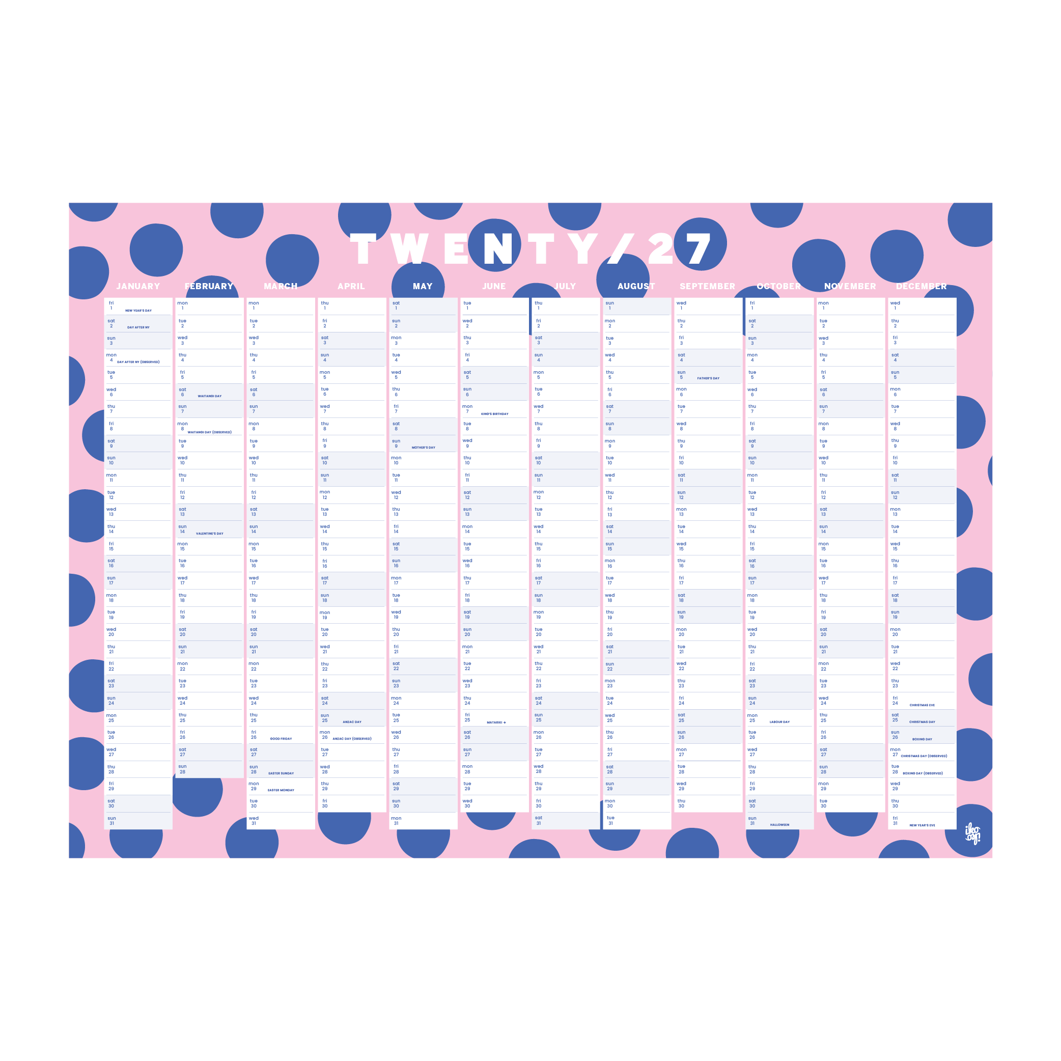 Iko Iko Wall Planner 2027 Blue Pink Spots