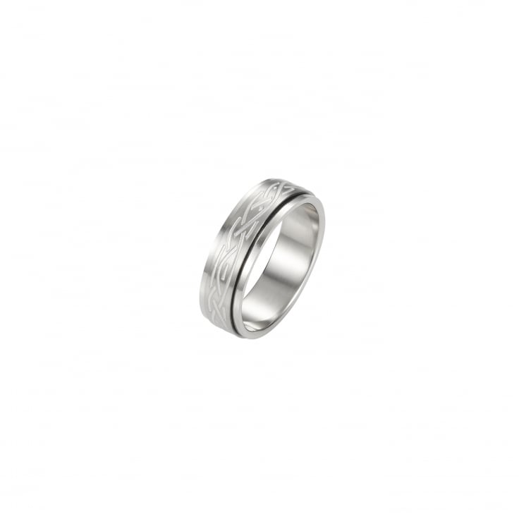 Polished and Brushed Stainless Steel Spinner Ring with Etched Centre Pattern