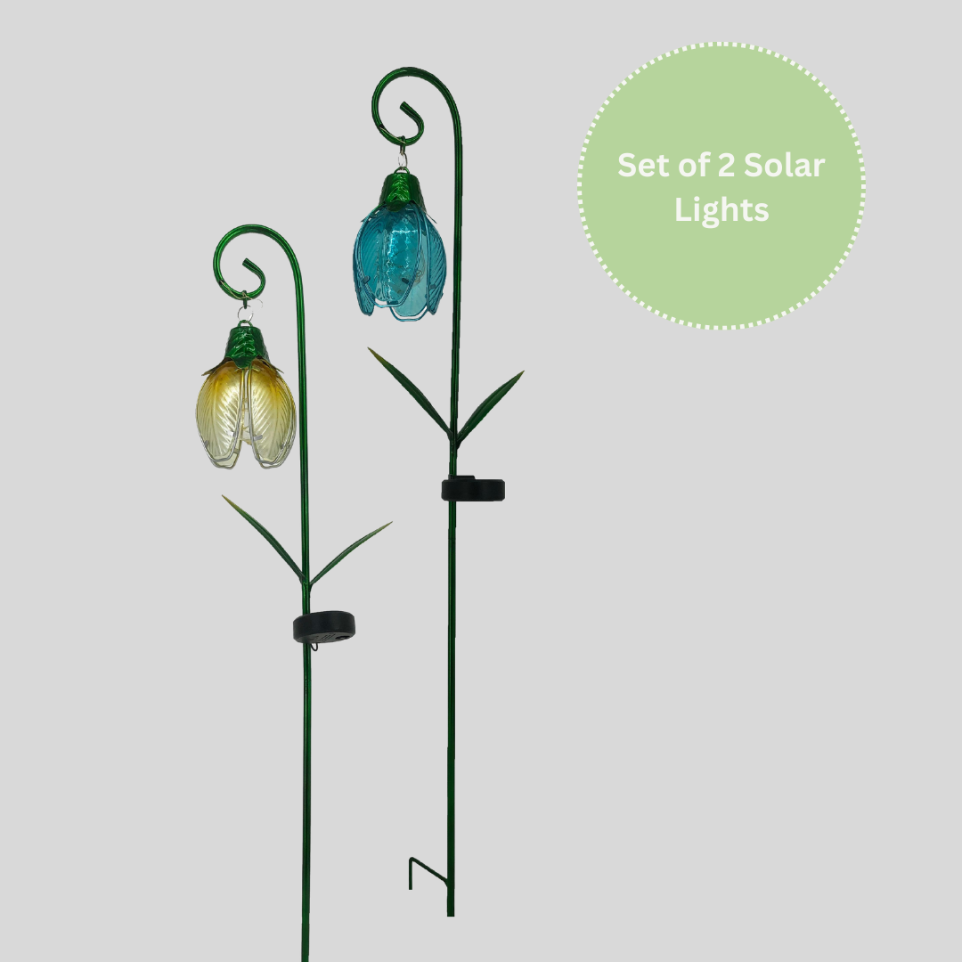Set of 2 Hanging Glass Flower Solar Light