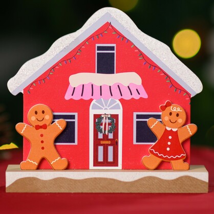 Wooden Christmas House Tabletop Decor With Double Gingerbread