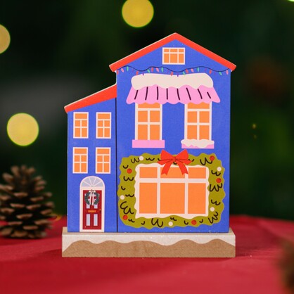 Wooden Christmas House Tabletop Decor With Green Garland