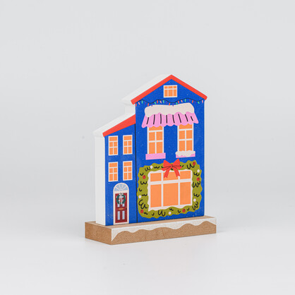 Wooden Christmas House Tabletop Decor With Green Garland
