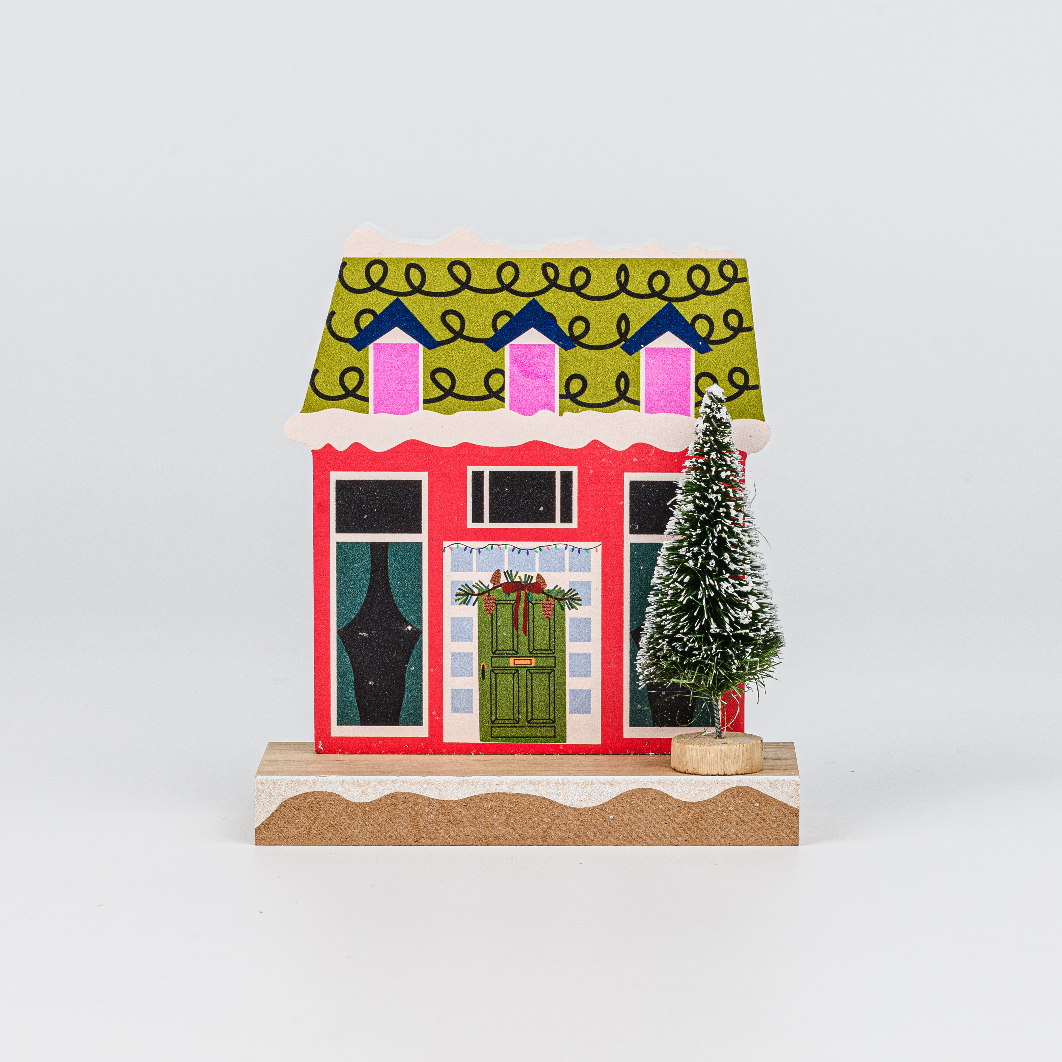 Wooden Christmas House Tabletop Decor With Wreath Door