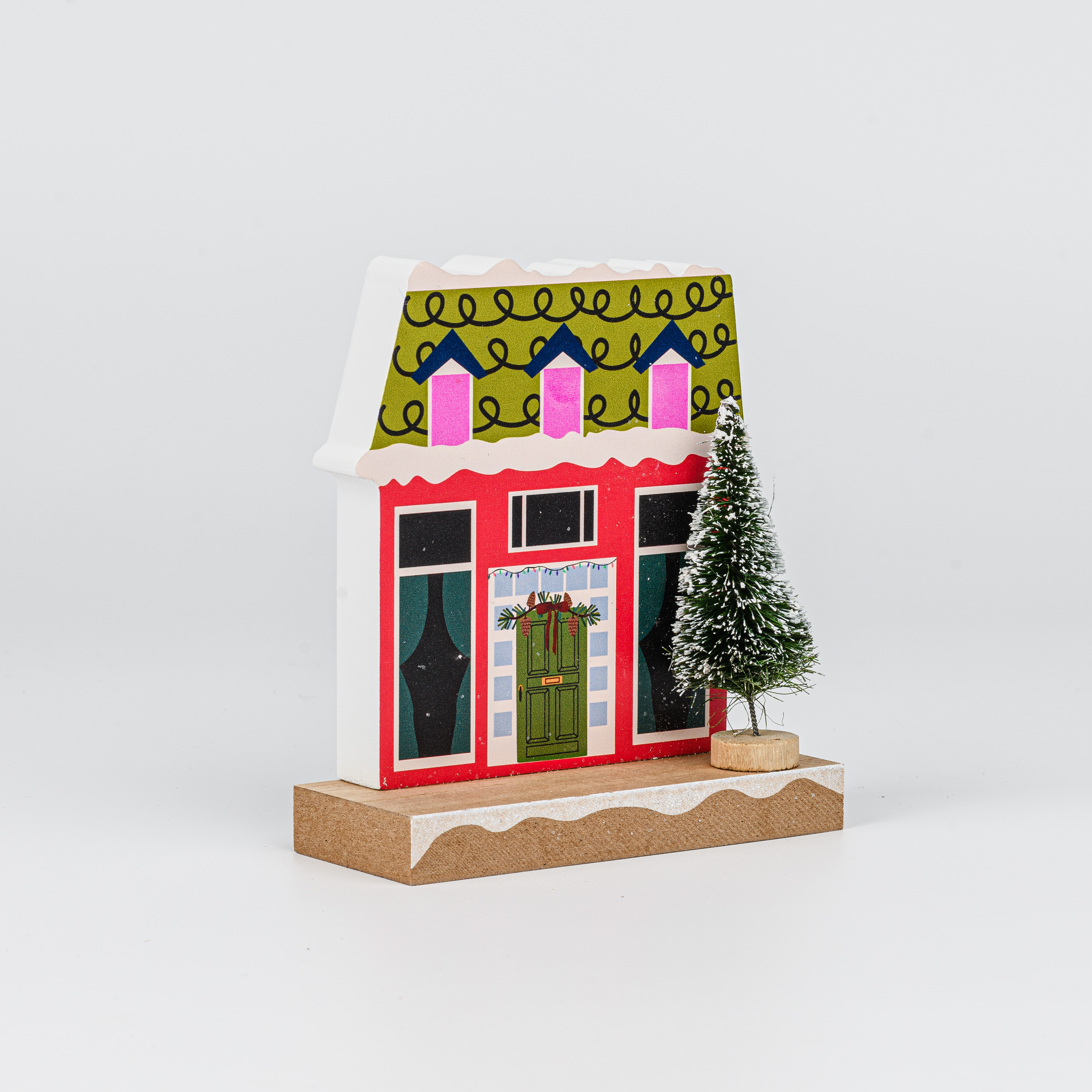 Wooden Christmas House Tabletop Decor With Wreath Door