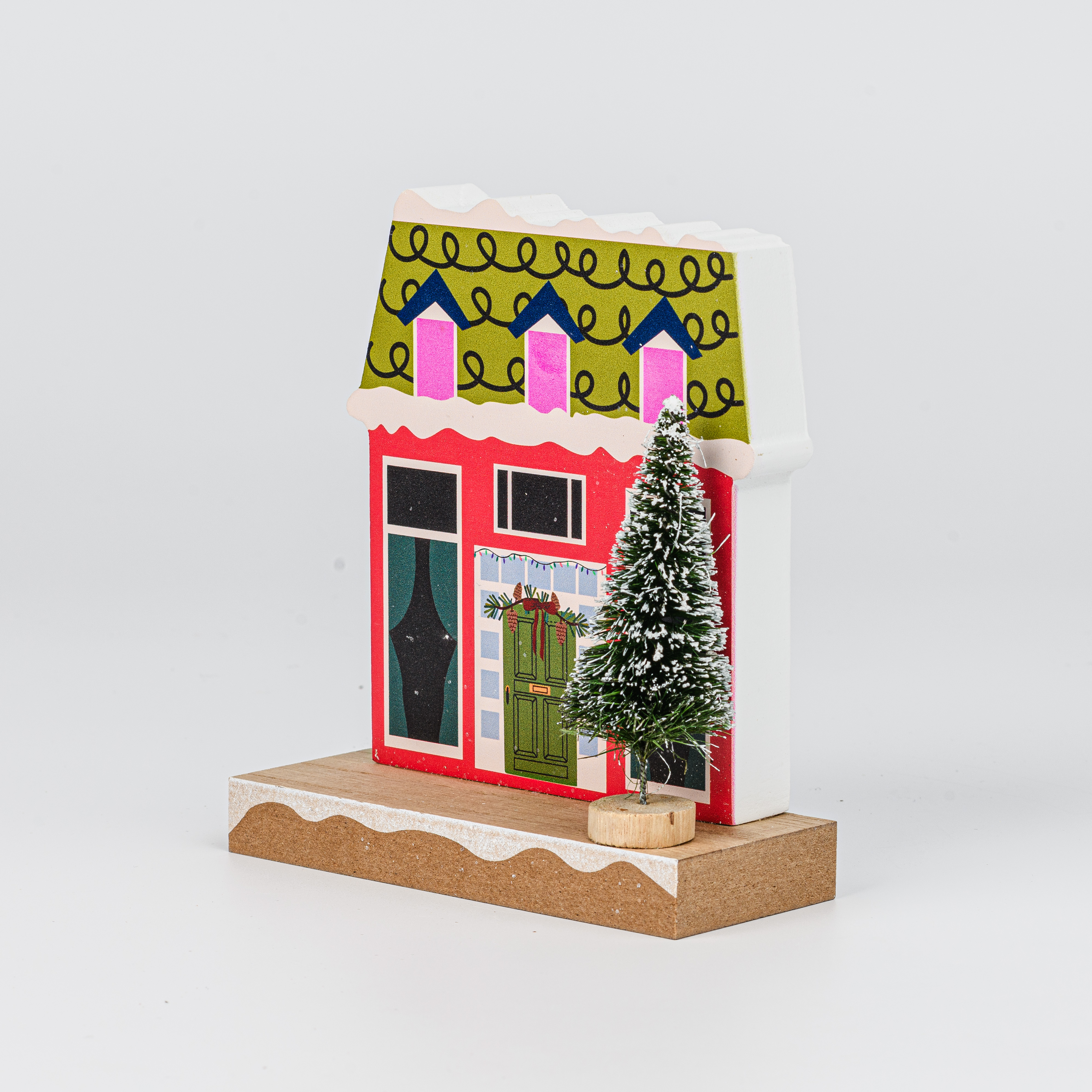 Wooden Christmas House Tabletop Decor With Wreath Door