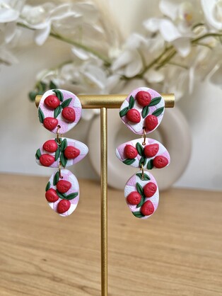 STRAWBERRY CHEQUER PEBBLE DANGLE EARRINGS | HANDMADE POLYMER CLAY EARRINGS