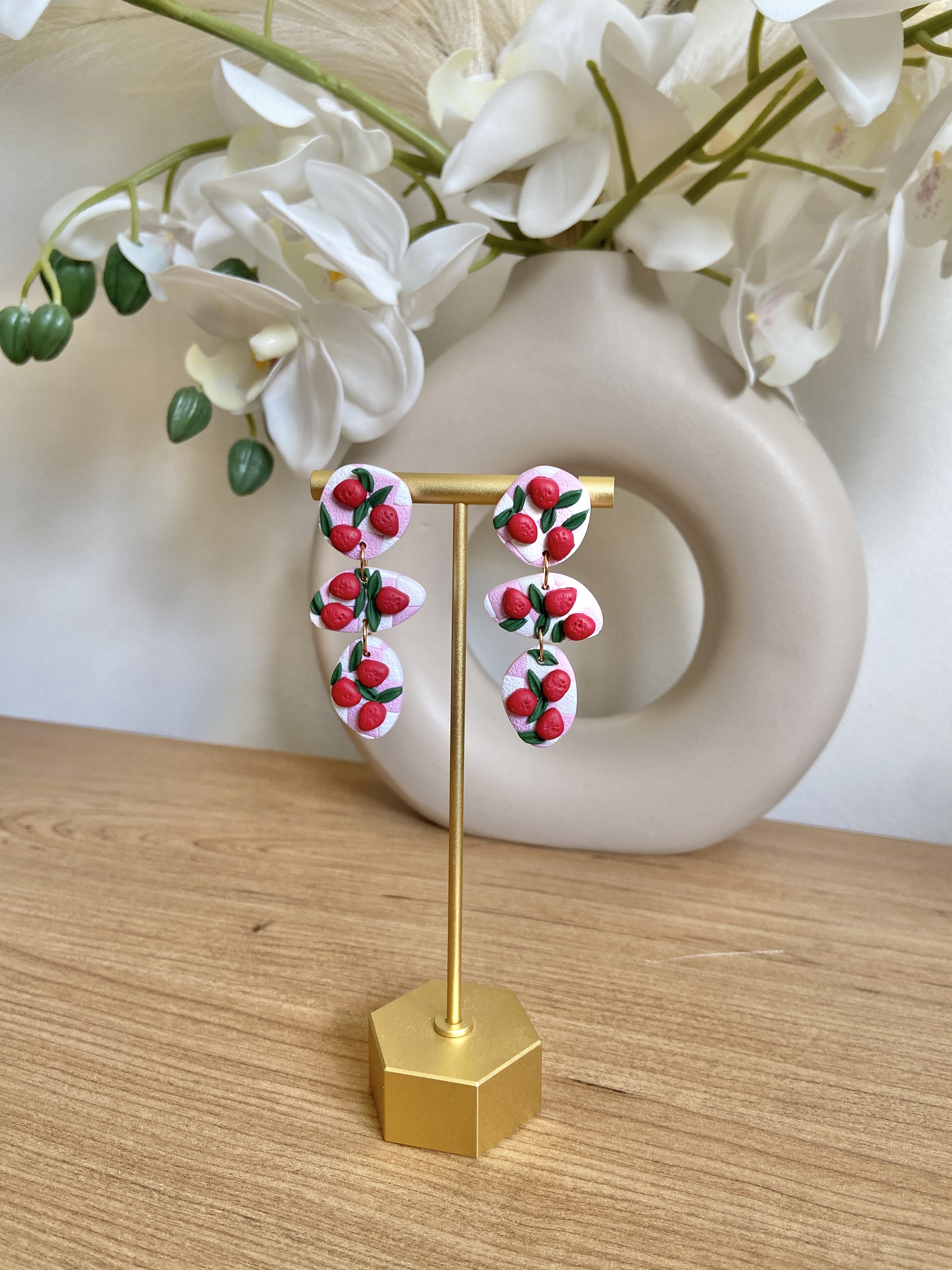 STRAWBERRY CHEQUER PEBBLE DANGLE EARRINGS | HANDMADE POLYMER CLAY EARRINGS