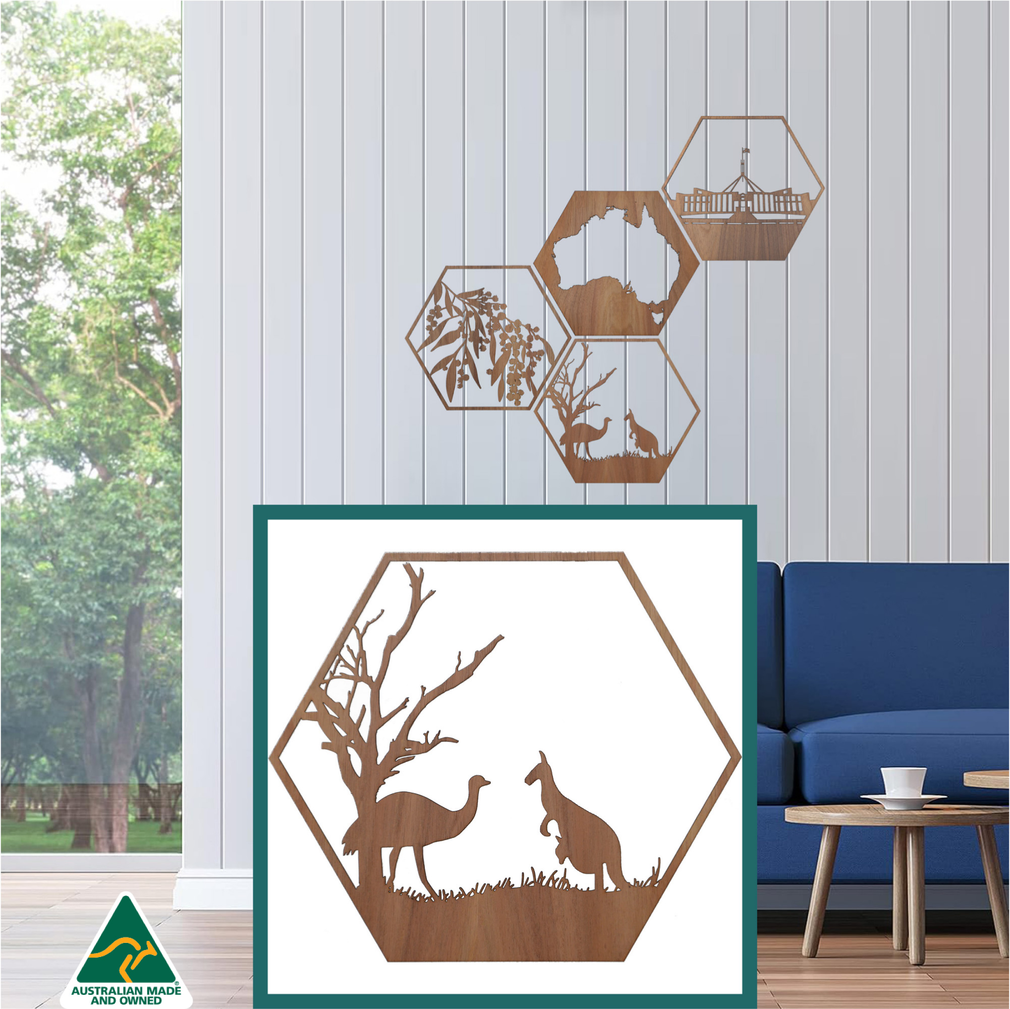 Kangaroo and Emu Hexagon Wall Art