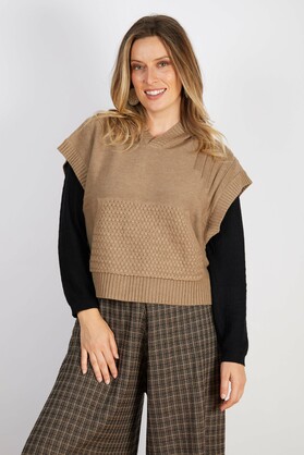 COTTON BLEND VEST WITH HOODIE LATTE