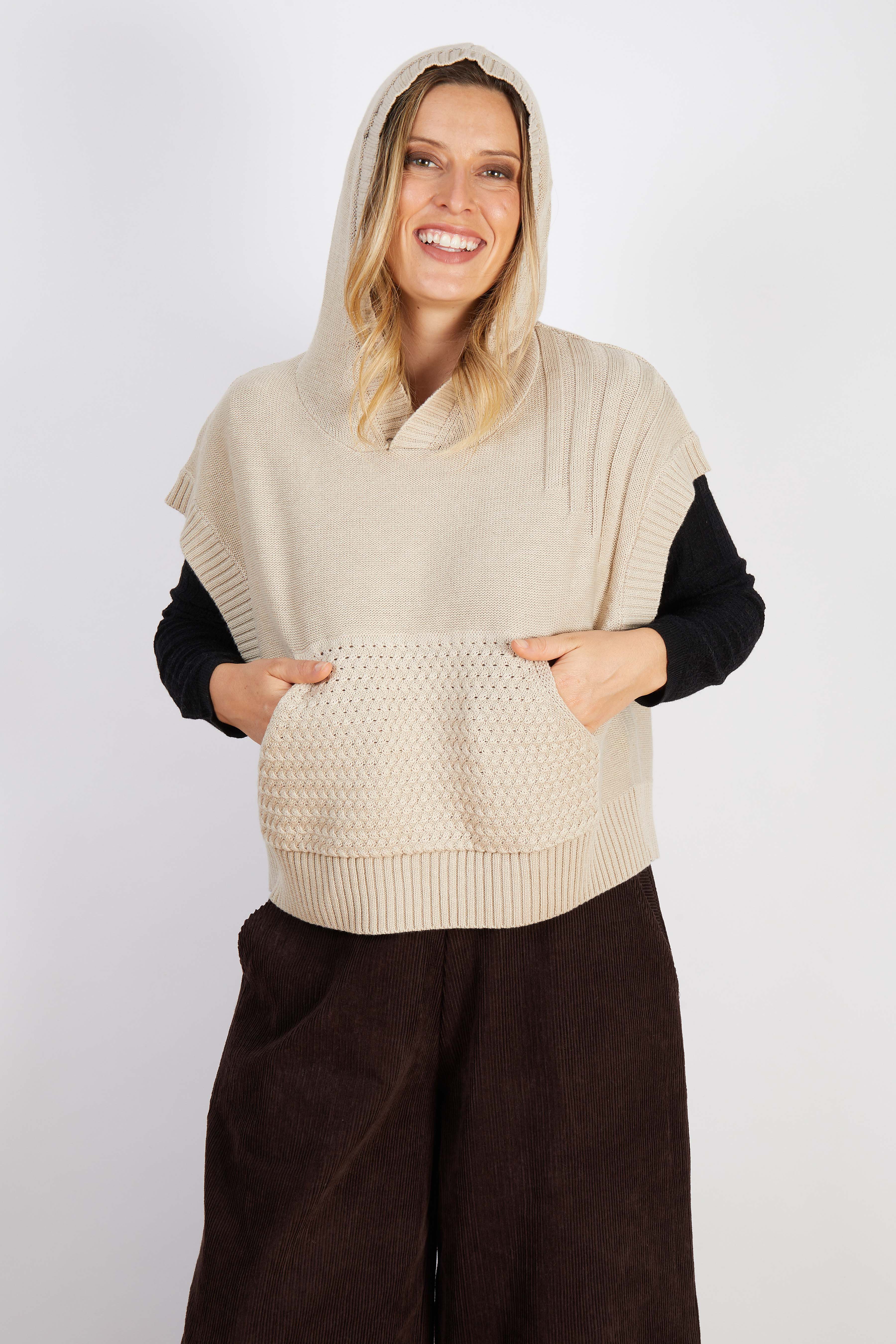COTTON BLEND VEST WITH HOODIE CREAM