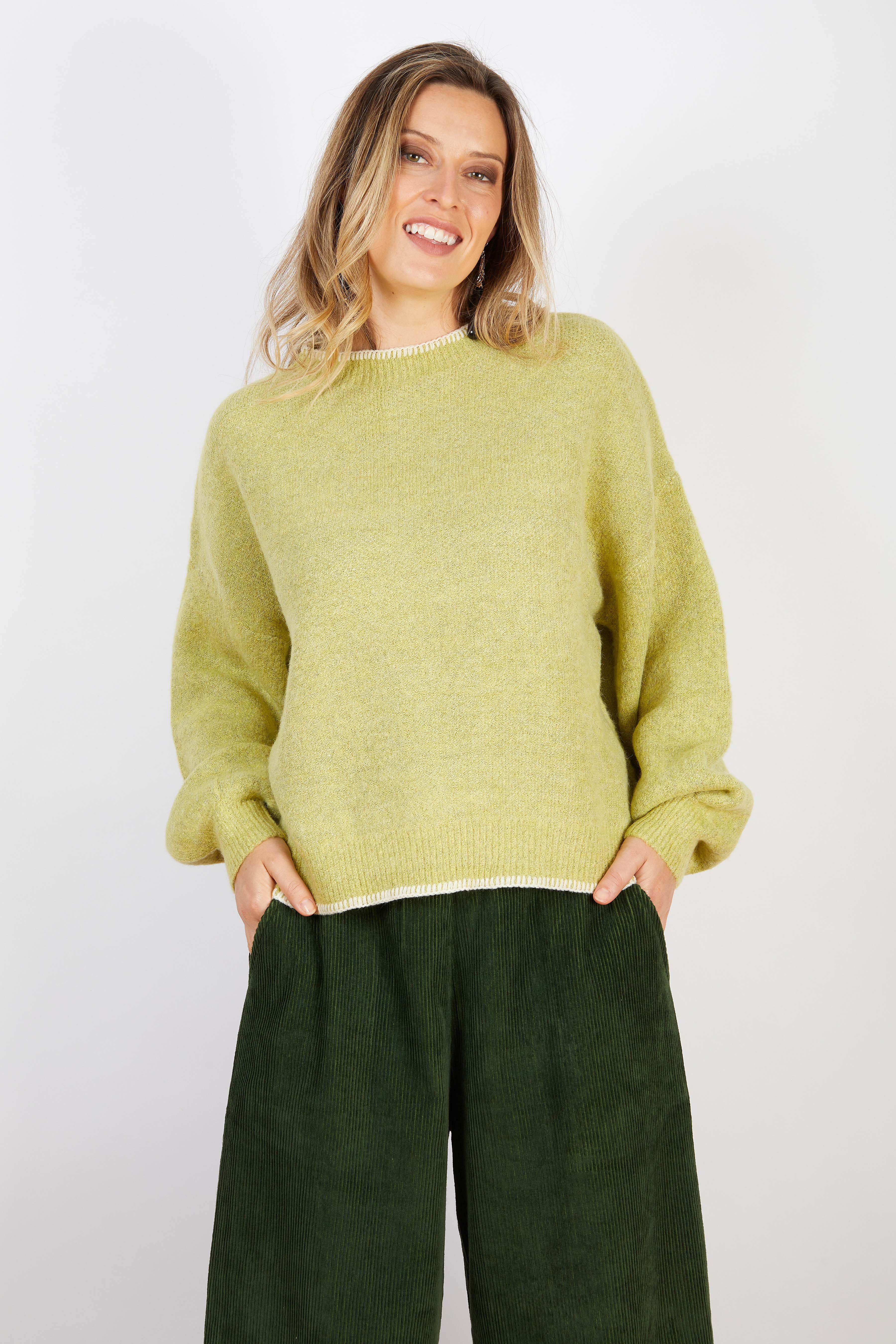 WOOL BLEND KNIT WITH CROSS STITCH TRIMS YELLOW